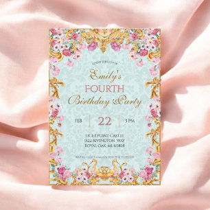 Invitación Blue Pastel Gold Cuarto cumpleaños barroco rococó