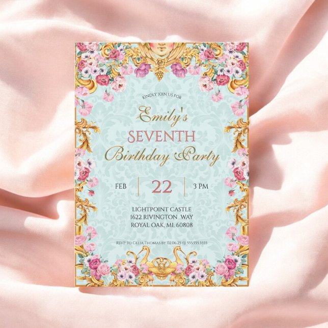 Invitación Blue Pastel Gold Séptimo cumpleaños barroco rococó (Subido por el creador)