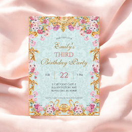 Invitación Blue Pastel Gold Tercer cumpleaños barroco rococó