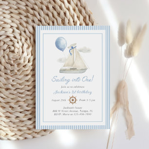 Invitación Blue Pastel Nautical Sail Boat 1º cumpleaños
