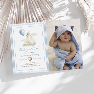 Invitación Blue Pastel Nautical Sail Boat 1er cumpleaños Foto