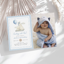 Invitación Blue Pastel Nautical Sail Boat 2º cumpleaños Foto