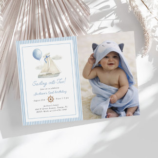 Invitación Blue Pastel Nautical Sail Boat 2º cumpleaños Foto