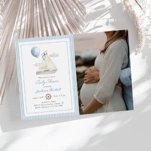 Invitación Blue Pastel Nautical Sail Bot Baby Shower Photo