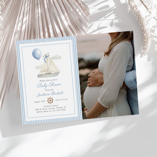 Invitación Blue Pastel Nautical Sail Bot Baby Shower Photo (Subido por el creador)