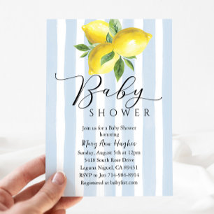 Invitación Blue Pastel Stripes Lemon Baby Shower