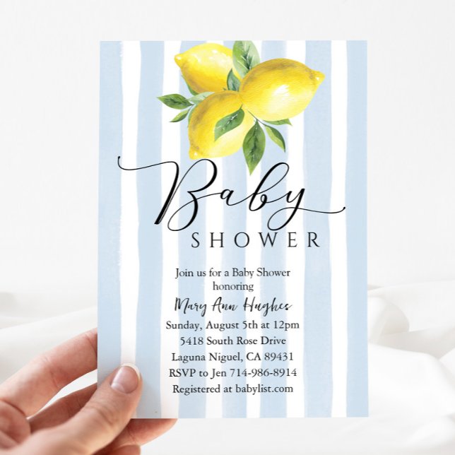 Invitación Blue Pastel Stripes Lemon Baby Shower (Subido por el creador)