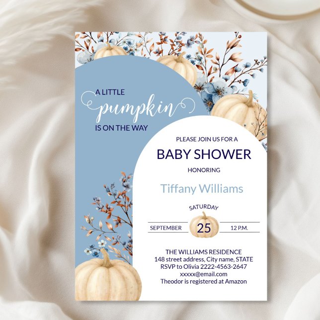 Invitación Blue Pastel Watercolor Calabaza caída flores silve (Blue Rustic Pumpkin Baby Shower Invitation | Neutral Fall Floral Autumn Theme)