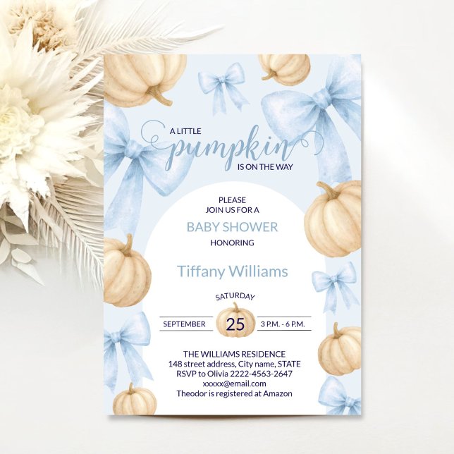 Invitación Blue Pastel Watercolor Calabaza de la cinta adhesi (Little Pumpkin Baby Shower Invitation Boy | Blue Bow Fall Theme)