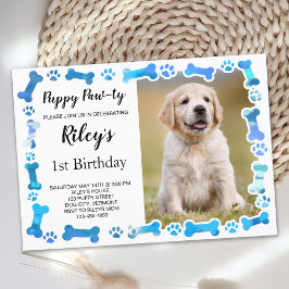 Invitación Blue Paw Imprime Huesos Perros Puppy Cumpleaños