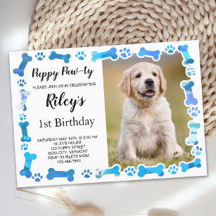 Invitación Blue Paw Imprime Huesos Perros Puppy Cumpleaños