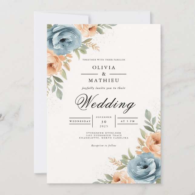 Invitación Blue Peach Botanical Archway Wedding (Anverso)