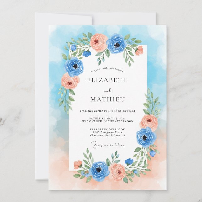Invitación Blue Peach Floral Romance Wedding (Anverso)