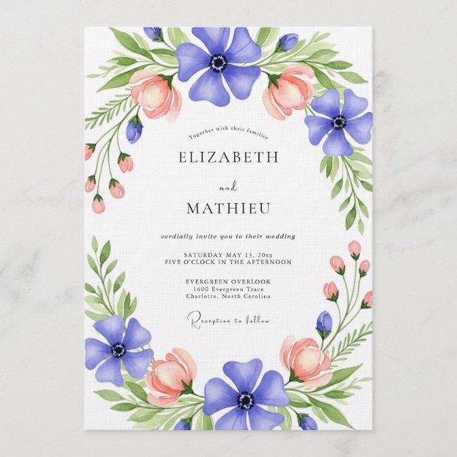 Invitación Blue & Peach Floral Whimsy Wedding (Anverso)