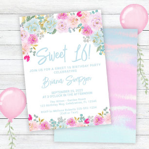 Invitación Blue Peach Peach Floral Sweet 16 Fiesta de cumplea