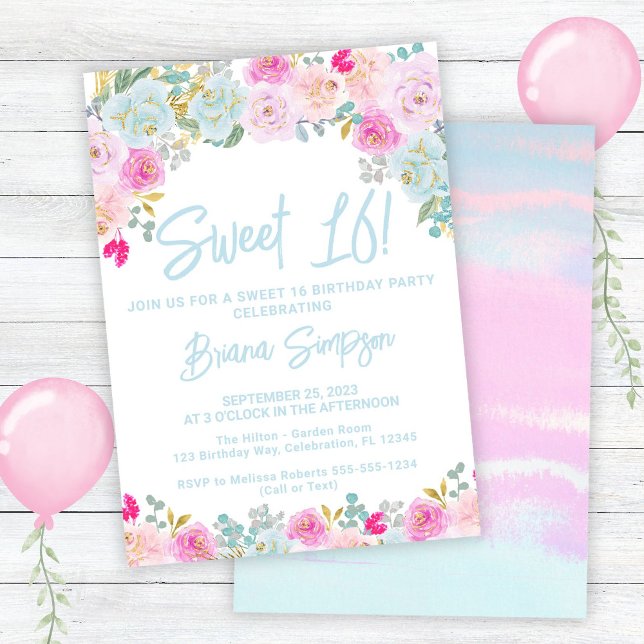 Invitación Blue Peach Peach Floral Sweet 16 Fiesta de cumplea (Subido por el creador)