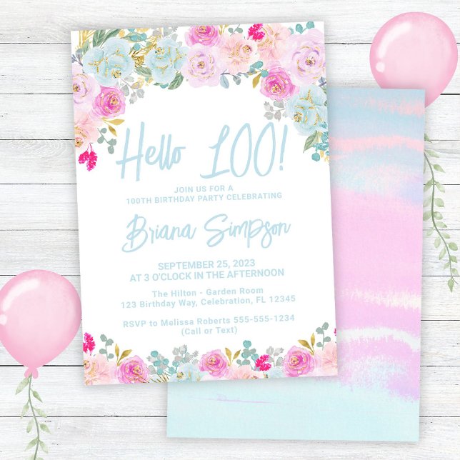 Invitación Blue Peach Peach Purple Floral 100 cumpleaños (Subido por el creador)