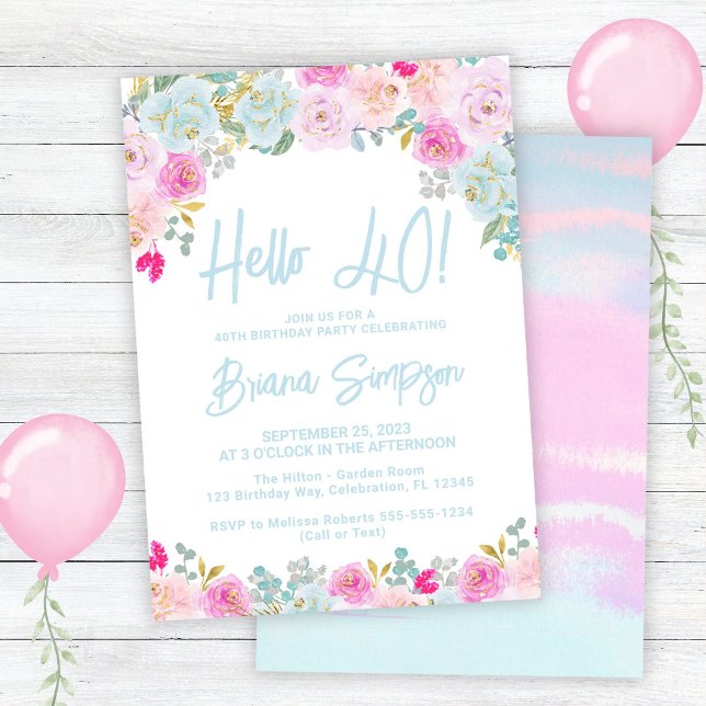 Invitación Blue Peach Peach Purple Floral 40th Birthday Fiest (Subido por el creador)