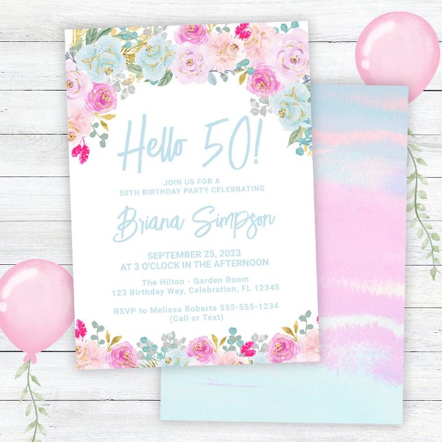 Invitación Blue Peach Peach Purple Floral 50 cumpleaños (Subido por el creador)
