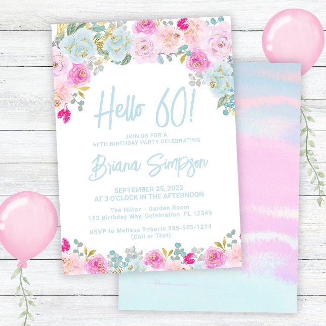 Invitación Blue Peach Peach Purple Floral 60 cumpleaños (Subido por el creador)