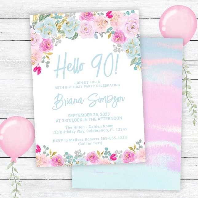 Invitación Blue Peach Peach Purple Floral 90 cumpleaños (Subido por el creador)