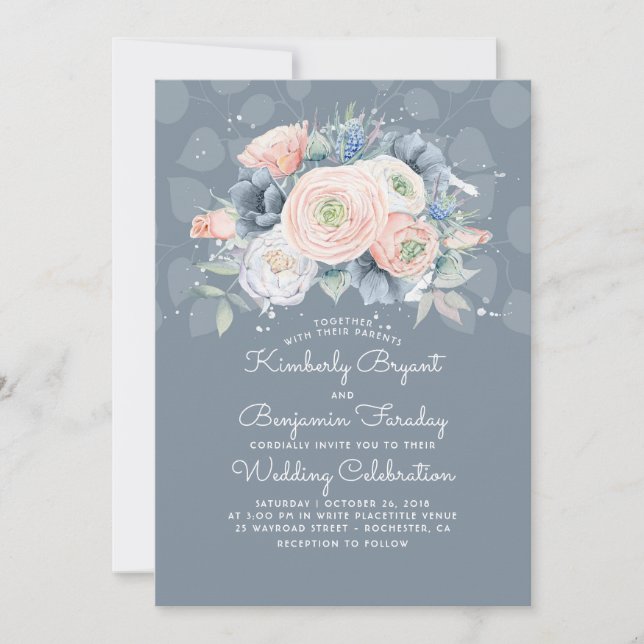 Invitación Blue Peach y Pink Floral Elegante Wedding (Anverso)