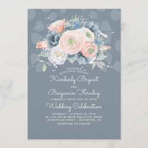 Invitación Blue Peach y Pink Floral Elegante Wedding