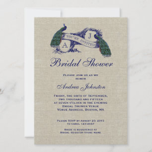 Invitación Blue Peacock Rustic Linen   Bridal Shower