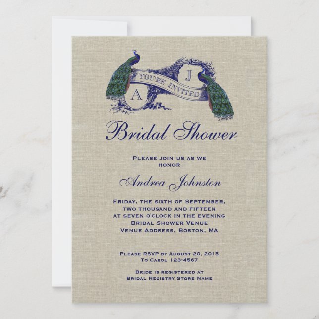 Invitación Blue Peacock Rustic Linen | Bridal Shower (Anverso)