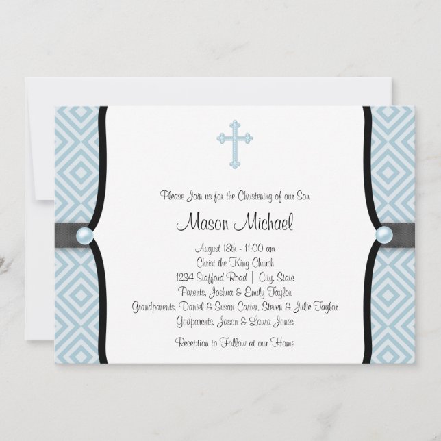 Invitación Blue Pearl Cross Black Blue Christening (Anverso)