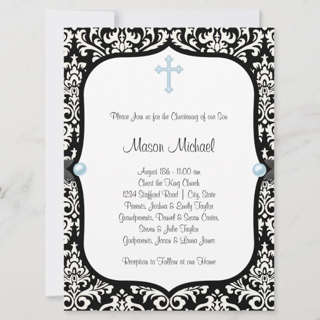 Invitación Blue Pearl Cross Blue Black Damask Christening (Anverso)
