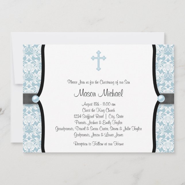 Invitación Blue Pearl Cross Blue Black Damask Christening (Anverso)