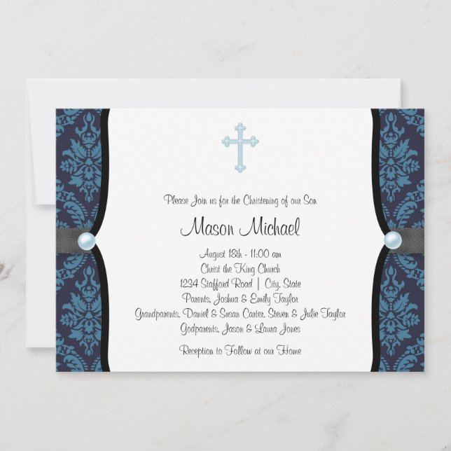Invitación Blue Pearl Cross Blue Black Damask Christening (Anverso)