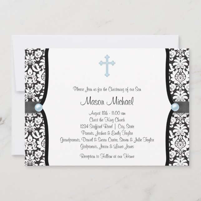 Invitación Blue Pearl Cross Blue Black Damask Christening (Anverso)