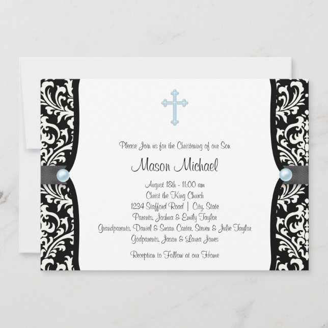Invitación Blue Pearl Cross Blue Black Damask Christening (Anverso)