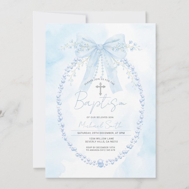Invitación Blue Pearl Frame Baptism Christening Invitation (Anverso)