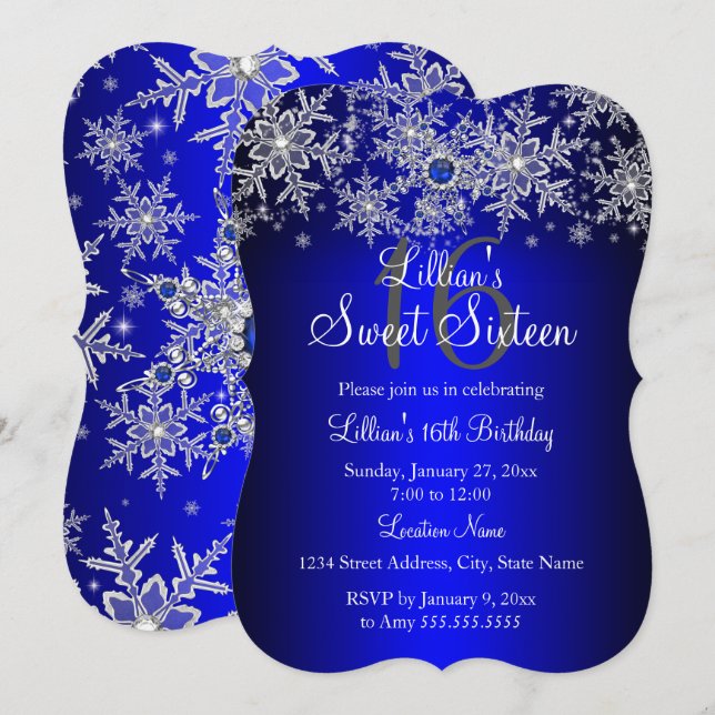 Invitación Blue Pearl Silver Snowflake Dulces 16 (Anverso / Reverso)