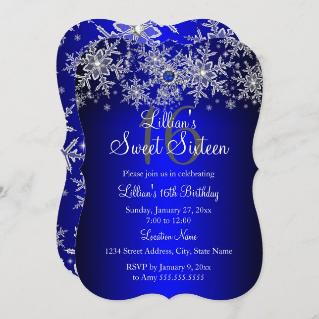 Invitación Blue Pearl Silver Snowflake Sweet 16 (Anverso / Reverso)
