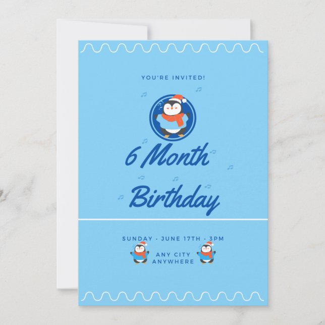 Invitación Blue Penguin 6 Month Birthday (Anverso)