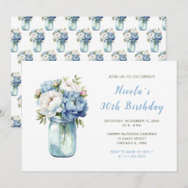 Invitación Blue Peonies Mason Jar Birthday Party