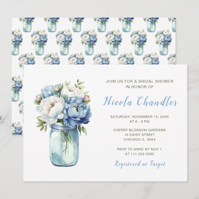 Invitación Blue Peonies Mason Jar Bridal Shower (Anverso / Reverso)