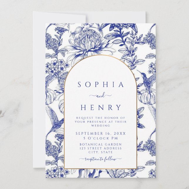 Invitación Blue Peony Chinoiserie boda Floral Victoriano (Anverso)