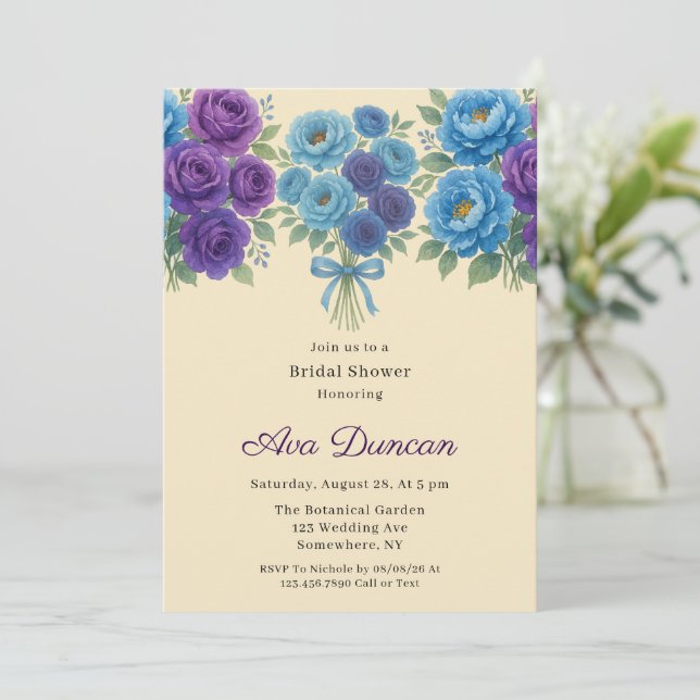 Invitación Blue Peony y Fig Purple Rosa Bridal Shower (Anverso de pie)