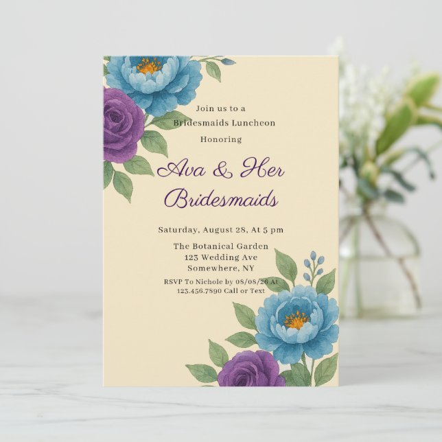 Invitación Blue Peony y Fig Purple Rosa Bridesmaids Luncheon (Anverso de pie)