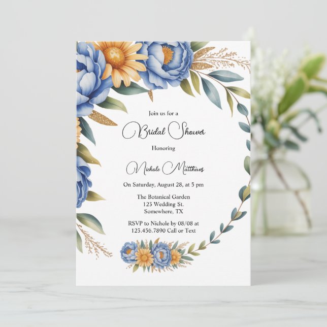 Invitación Blue Peony y Yellow Daisies Bridal Shower (Anverso de pie)