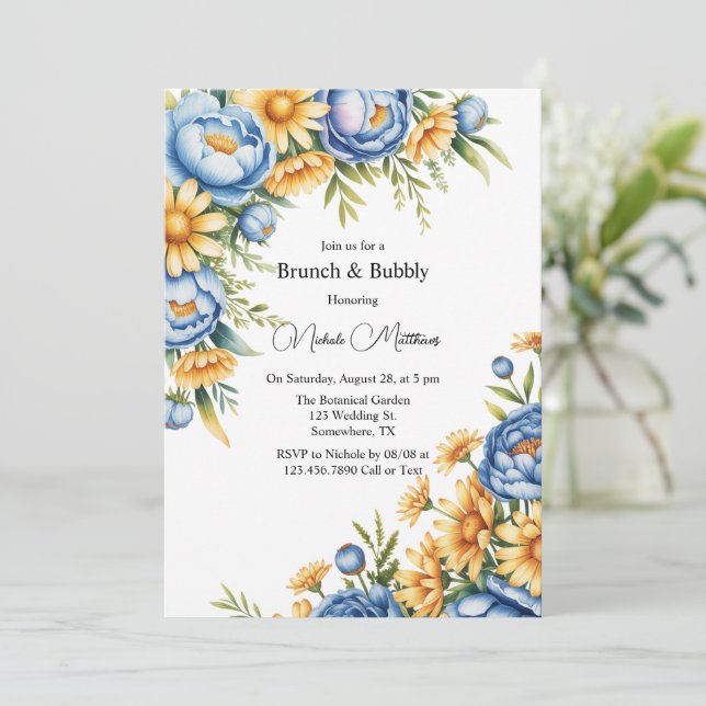 Invitación Blue Peony y Yellow Daisies Brunch & Bubbly (Anverso de pie)