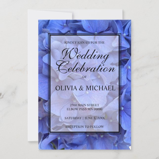 Invitación Blue periwinkle elegante hidrangeas florales Boda (Anverso)
