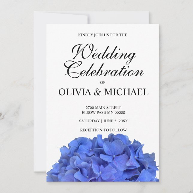 Invitación Blue periwinkle elegante hidrangeas florales Boda (Anverso)