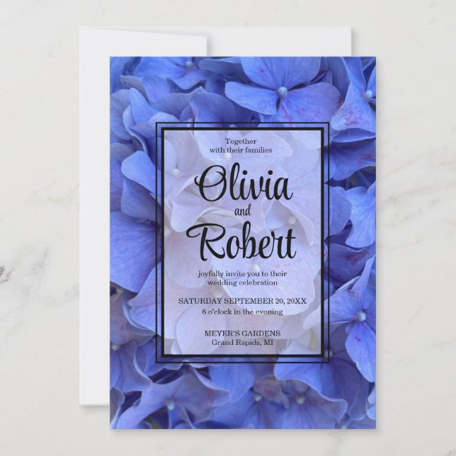 Invitación Blue periwinkle elegante hidrangeas florales Boda (Anverso)