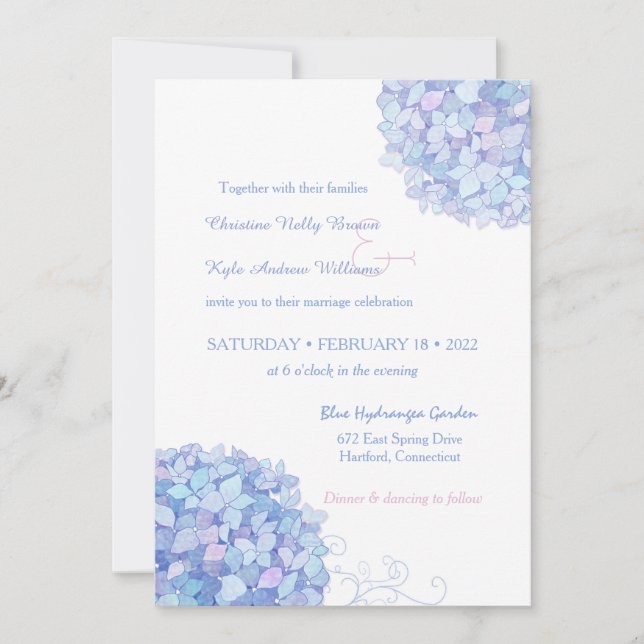 Invitación Blue Periwinkle Hydrangeas Boda Jardín (Anverso)